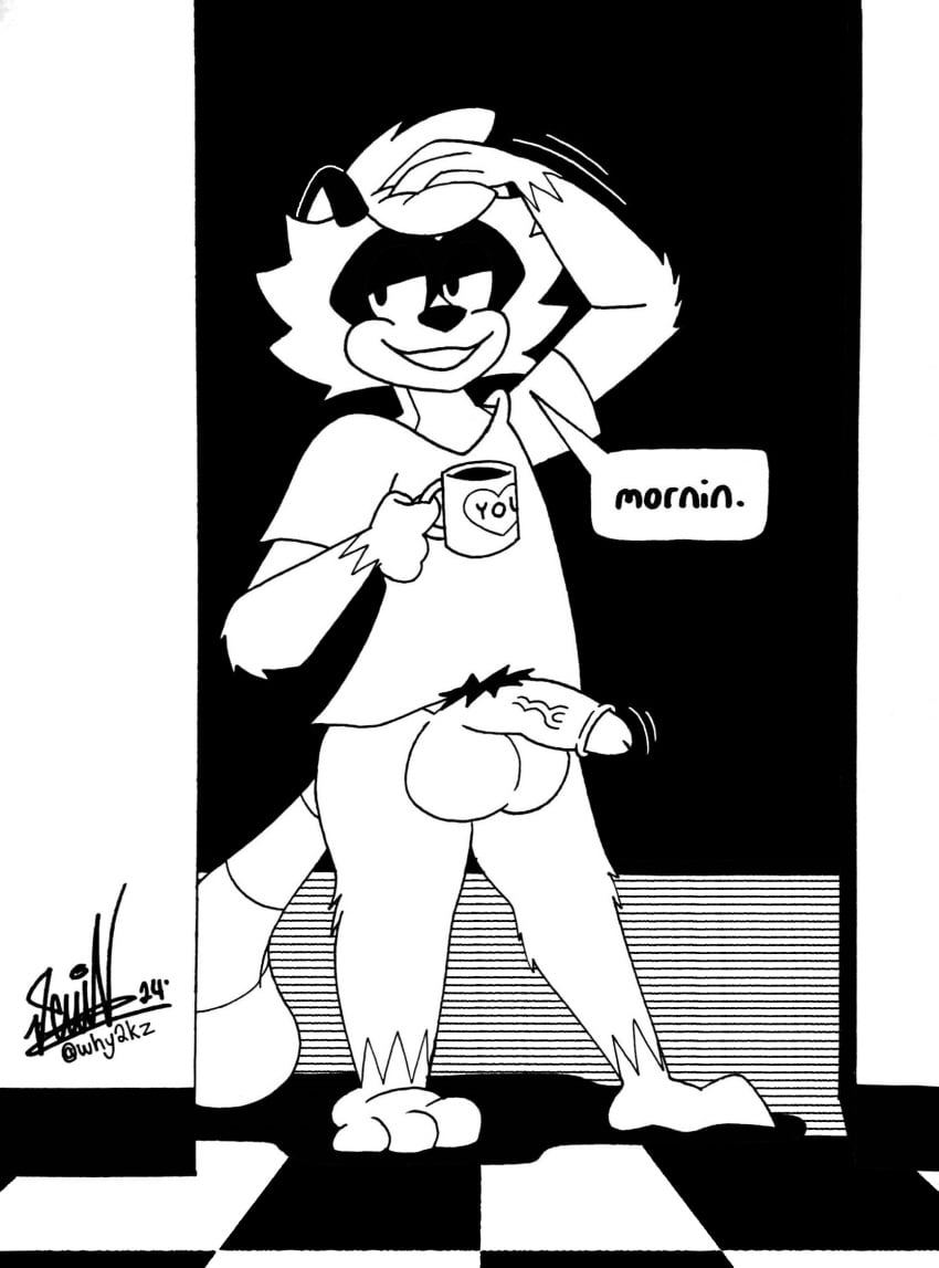 anthro balls big_penis bottomless checkerboard_floor clothed clothing coffee_mug container cup dialogue english_text fur genitals hair hi_res holding_container holding_cup holding_mug holding_object kz_(why2kz) looking_at_viewer male mammal monochrome mug nude open_mouth penis procyonid pubes raccoon scratching_head shirt shirt_only signature smile solo speech_bubble tail talking_to_viewer text throbbing throbbing_penis topwear topwear_only waking_up why2kz