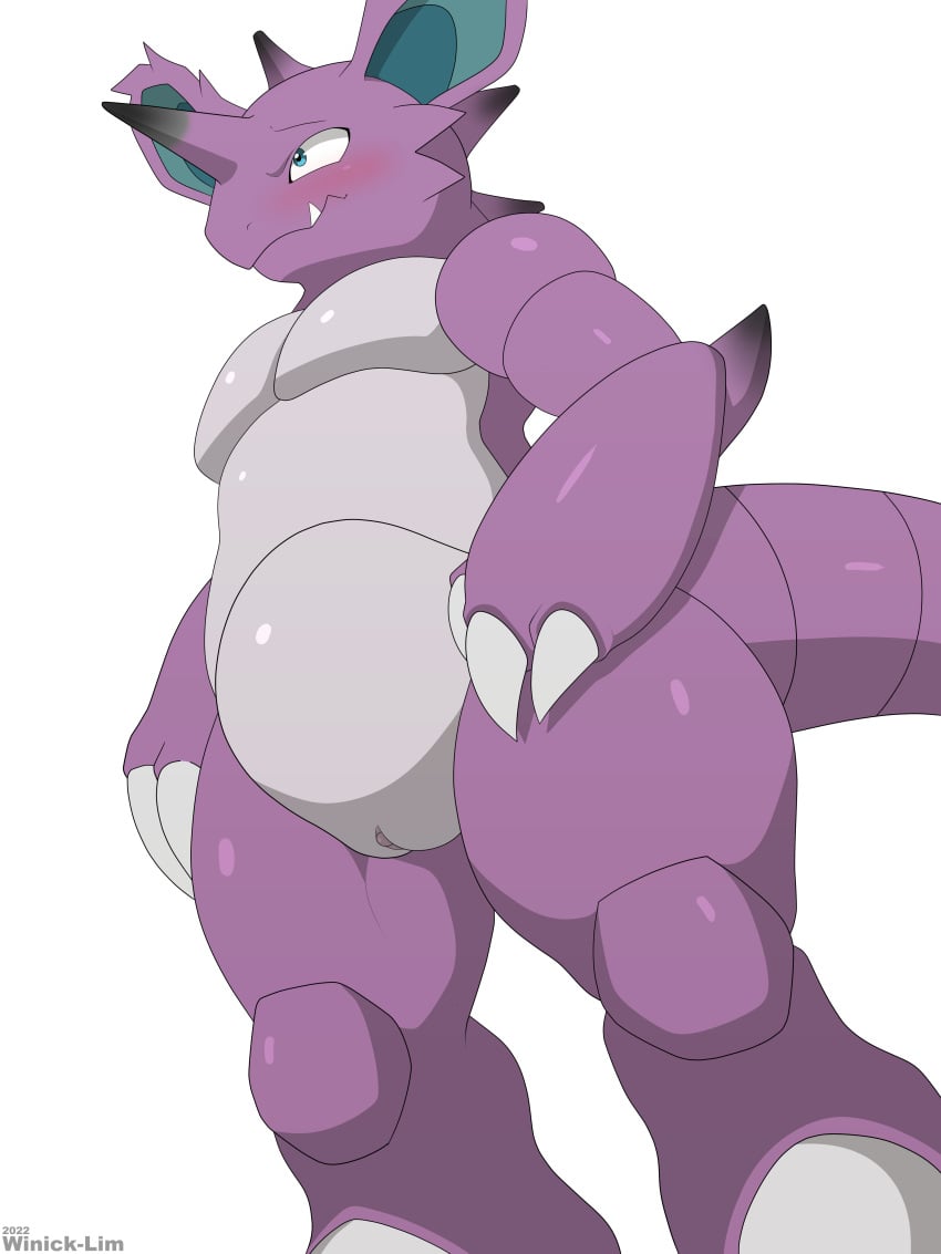 2022 3:4 absurd_res andromorph anthro blush cuntboy cuntboy_anthro femboy generation_1_pokemon genitals hi_res horn intersex nidoking nintendo pokemon pokemon_(species) purple_body pussy rule_63 signature simple_background white_background winick-lim