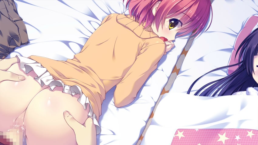 2girls ameto_yuki ass black_hair blush censored closed_eyes doumyouji_moemi futon game_cg highres long_hair looking_back lying mosaic_censoring multiple_girls no_panties on_stomach open_mouth penis pillow pure_x_connect pussy red_hair sex short_hair skirt sleeping stealth_sex vaginal_penetration yellow_eyes