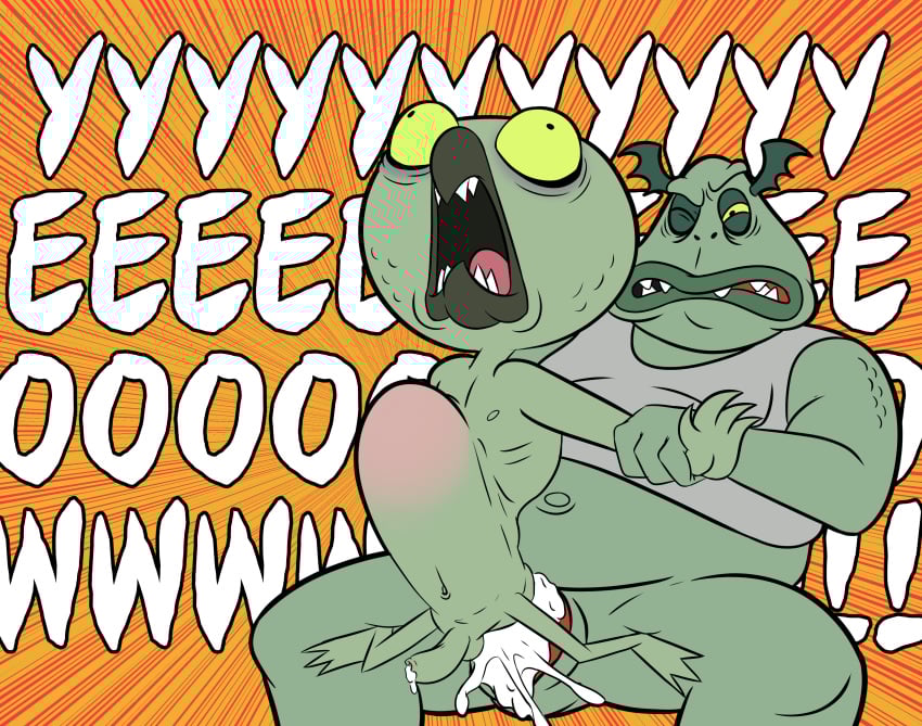 absurd_res amphibian amphibian_humanoid anal anal_sex animal_humanoid anthro arm_grab asian_mythology beak bite biting_lip black_eyes bob-jiggles bodily_fluids buff_frog bulge bulging_eyes claws closed_eyes clothing cum cum_drip cum_in_ass cum_inside cum_overflow cum_while_penetrated disney dripping duo east_asian_mythology ejaculation feet forced frog frog_humanoid genital_fluids genitals green_body green_eyelids head_wings hi_res humanoid humor japanese_mythology kappa ludo_(svtfoe) male male/male membrane_(anatomy) mythology narrowed_eyes navel open_mouth orange_background overweight overweight_male pain penetration penile penile_penetration penis penis_in_ass rape sex sharp_teeth shirt simple_background sitting size_difference small_penis speed_lines star_vs._the_forces_of_evil stomach_bulge tank_top teeth text toes tongue topwear unusual_wing_placement webbed_feet wings yelling yellow_sclera yokai