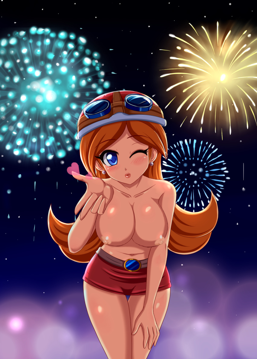 1girls areola blush breasts busty cleavage eyeliner fireworks large_breasts lipstick looking_at_viewer makeup mario_(series) mona_(warioware) navel nintendo nipples no_bra photoshop sigurdhosenfeld skirt topless voluptuous warioware wink