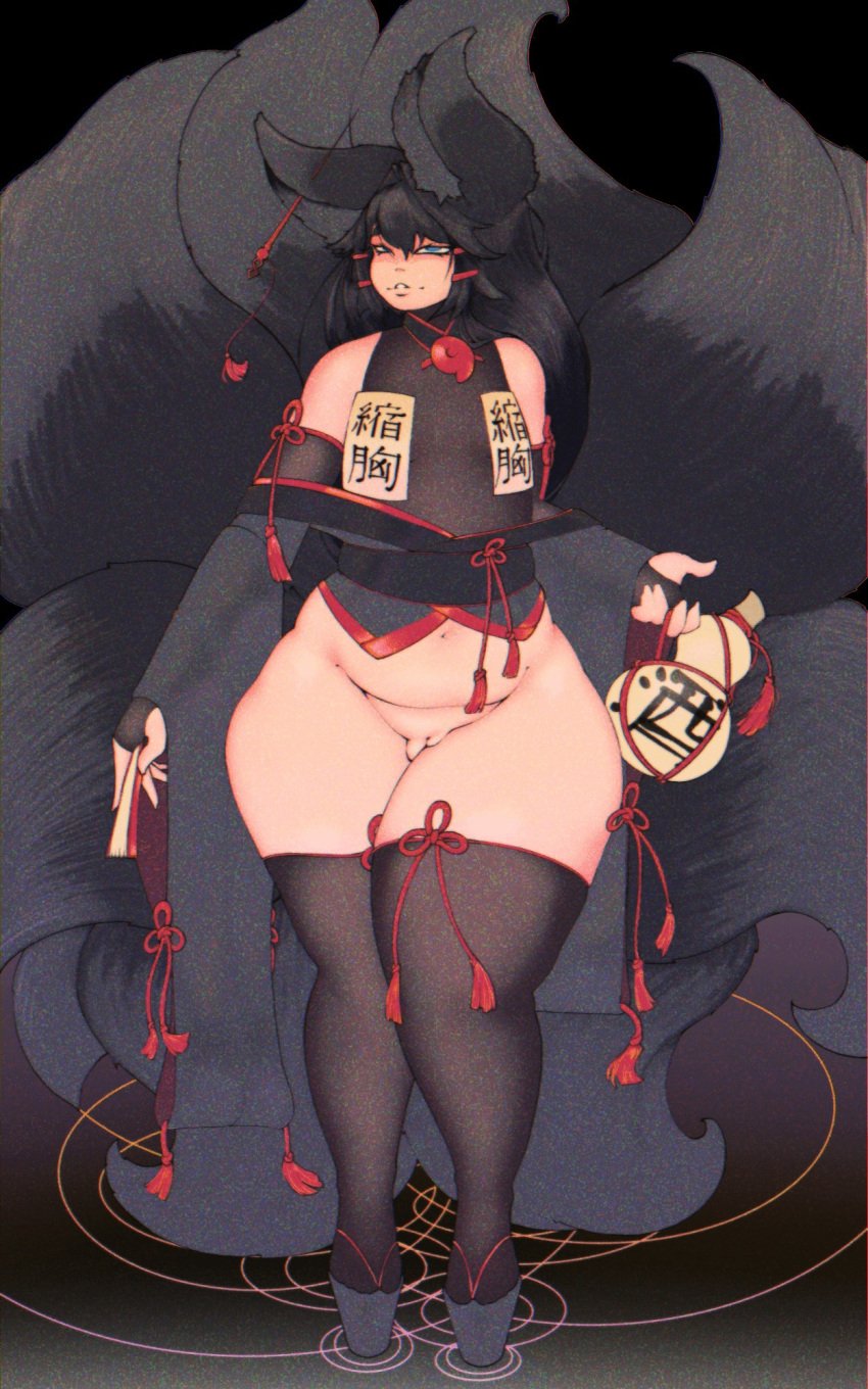 1girls 9_tails black_hair blue_eyes channel_iv fan female flat_chest flat_chested fox_ears fox_tail kemonomimi kimono kimono_open kiri_(sub-res) kitsune ofuda ofuda_on_breast ofuda_on_nipples puffy_pussy sake sake_bottle see-through see-through_clothing spell_tag sub-res tails_(disambiguation) thick thick_legs thick_thighs useless_clothing