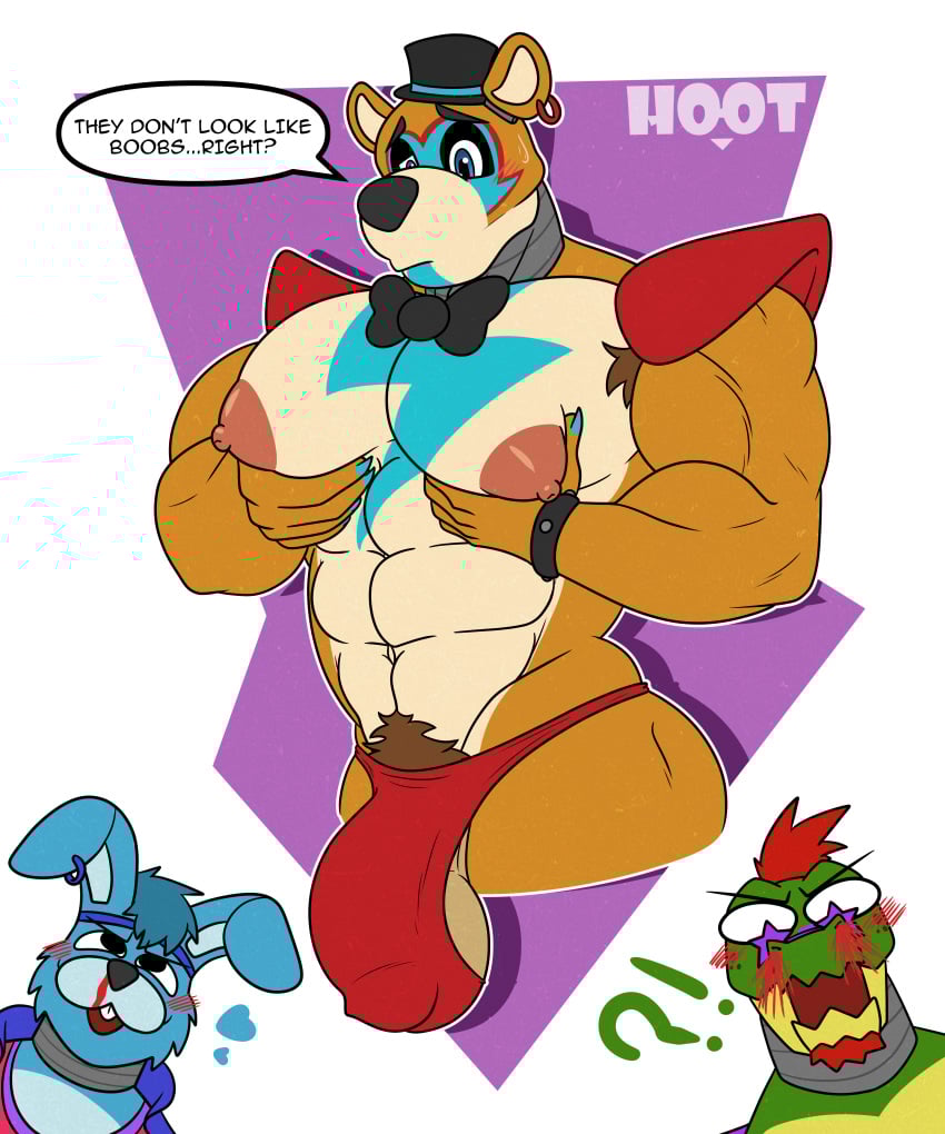 abs absurd_res alligator alligatorid animatronic anthro armpit_hair balls bear blood blush bodily_fluids body_hair clothing crocodilian dg254 digital_media_(artwork) ear_piercing five_nights_at_freddy&#039;s five_nights_at_freddy&#039;s:_security_breach genitals glamrock_bonnie_(fnaf) glamrock_freddy_(fnaf) green_body hair hat headgear headwear hi_res humanoid_genitalia lagomorph leporid machine male mammal mohawk montgomery_gator_(fnaf) muscular muscular_anthro muscular_male nipples nosebleed nude pecs penis piercing rabbit red_hair reptile robot scalie scottgames simple_background solo steel_wool_studios thong underwear