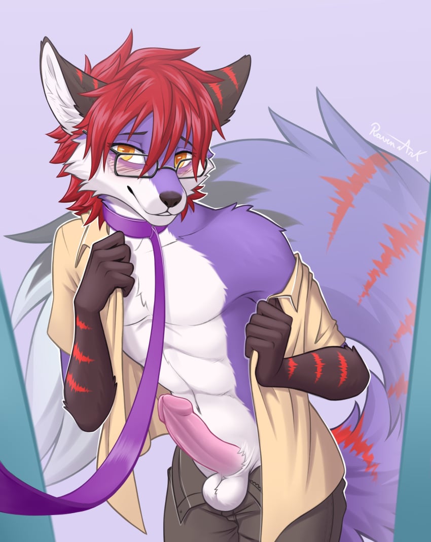 absurd_res anthro big_tail canid canine clothing collar digital_media_(artwork) eyewear fox fur genitals goggles hi_res leash male mammal penis raven-ark shy solo tail undressing white_body white_fur