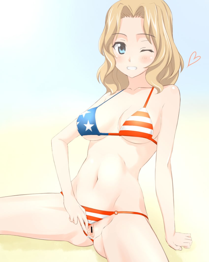 1girls american_flag american_flag_bikini beach bikini bikini_pull blue_eyes blush breasts censored cleavage eyebrows_visible_through_hair female female_only flag_print girls_und_panzer groin highres hymen kay_(girls_und_panzer) kupaa light-skinned_female light_skin medium_breasts navel one_eye_closed platinum_blonde_hair pubic_hair pussy sand solo spread_pussy swimsuit tagme takafumi wink