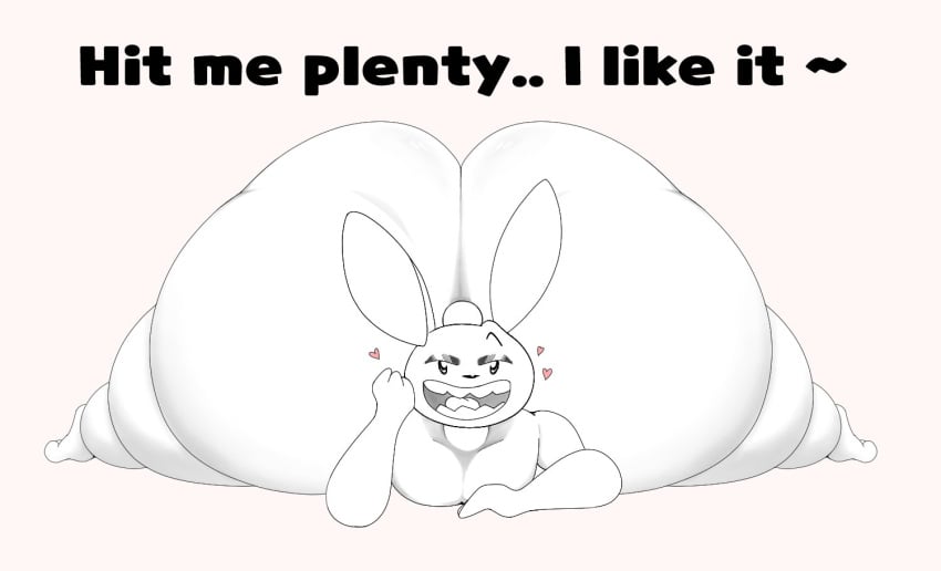 2024 anthro arm_support ass bedroom_eyes big_butt black_eyeshadow dialogue english_description english_text eyeshadow front_view fur hand_on_face heart_symbol huge_butt lagomorph leporid long_ears lying makeup male mammal max_(sam_and_max) meowsler_(artist) narrowed_eyes on_front on_ground open_mouth rabbit rabbit_ears sam_and_max seductive sharp_teeth small_tail smile solo tail teeth text thick_thighs white_body white_fur