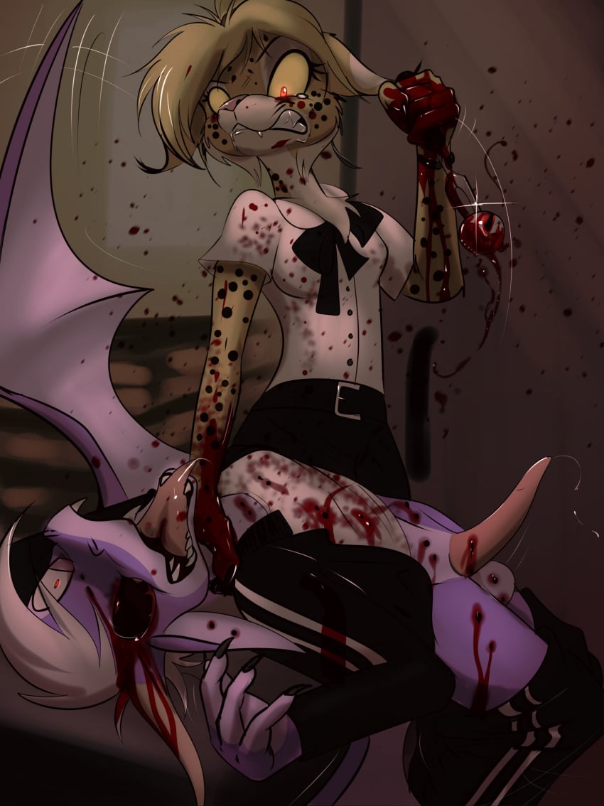 angry animal_genitalia animal_penis anthro balls blood blood_on_clothing blood_on_face blood_on_shirt bodily_fluids bottomwear bottomwear_down clenched_teeth clothed clothing cutlery digital_media_(artwork) dragon duo erection eye_poke felid feline female fork frostbite80_(artist) fur genital_fluids genitals gore guro hair hi_res holding_fork holding_object jacket killing kitchen_utensils leaking_precum lynx male male/female mammal membrane_(anatomy) membranous_wings mythological_creature mythological_scalie mythology open_mouth pants pants_down partially_clothed penis precum precum_string scalie shirt simple_background tail teeth tongue tongue_out tools topwear wings wounded zerrin_(frostbite80)
