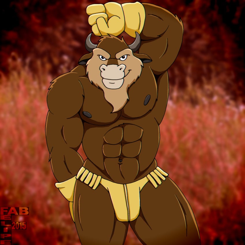 2015 2_horns 4_fingers abs anthro biped bison black_nipples bovid bovine brown_body brown_fur buffalo_bull_(moo_mesa) bulge closed_smile clothing fabfelipe fingers front_view fur gloves handwear hi_res horn looking_at_viewer male mammal mouth_closed muscular muscular_anthro muscular_male nipples portrait raised_arm smile solo standing thong three-quarter_portrait underwear wild_west_c.o.w.-boys_of_moo_mesa yellow_clothing yellow_gloves yellow_handwear yellow_thong yellow_underwear