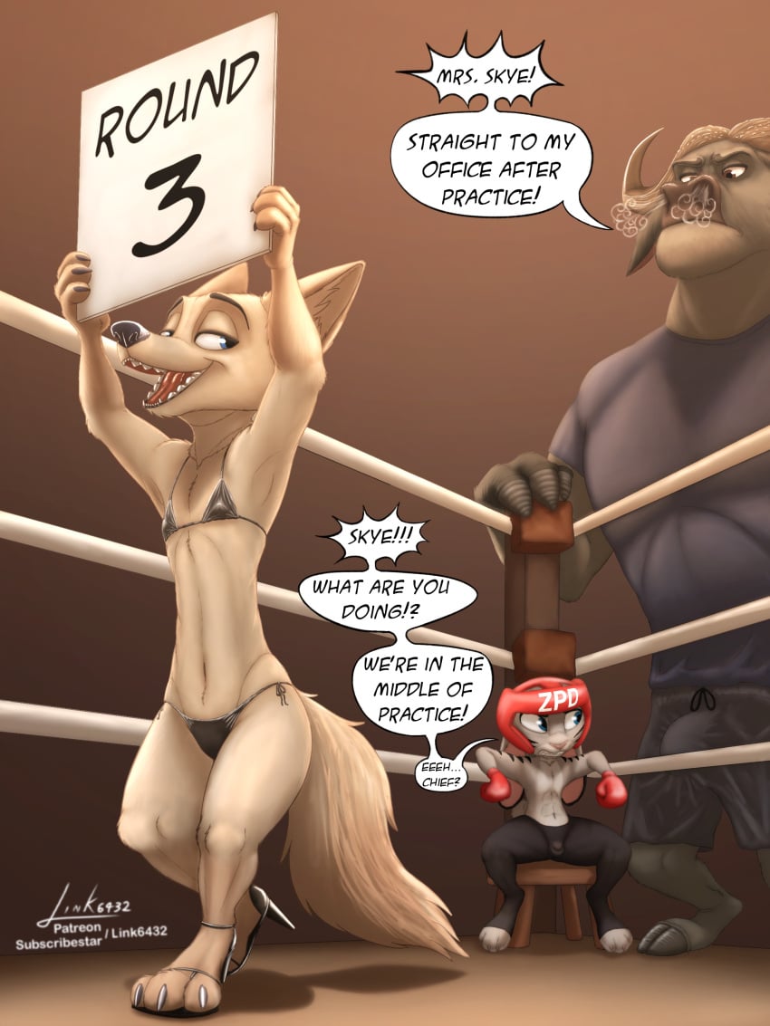 3_toes 4_fingers absurd_res anthro arctic_fox balls_outline bikini bovid bovine boxing_gloves breasts bulge bulge_size_difference canid canine cape_buffalo chief_bogo clothed clothing detailed_bulge digital_media_(artwork) disney duo ear_markings english_text erection erection_under_clothing facial_markings feet female fighting_ring fingers flat_chested fox fur genital_outline handwear head_markings headgear hi_res horn jack_savage lagomorph leporid link6432 male mammal markings muscular muscular_anthro muscular_male penis_outline rabbit simple_background skye_(zootopia) smile swimwear tail text toes true_fox two-piece_swimsuit zootopia