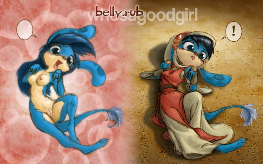 anthro black_hair blue_body blue_fur blue_hair blush breasts clothed clothing dress exclamation_point female fur genitals hair lying neopet_(species) neopets nezuya nipples nude offering_belly_rub on_back open_mouth pussy sankam solo tail tail_tuft tongue tongue_out tuft zafara_(neopets) zafara_double_agent