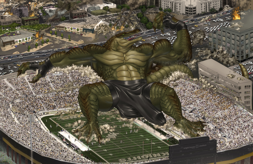 abs anthro balls balls_outline biceps boxer_briefs building bulge carnak_(carpo) city city_destruction cityscape claws clothing crocodile crocodilian destruction detailed_background detailed_bulge eating erection erection_under_clothing feet finger_claws fingerless_gloves fingers genital_outline genitals gloves green_body handwear hi_res kain3 landscape_dwarfing macro male muscular muscular_anthro muscular_male nude open_mouth outside paws pecs penis_outline pyronite(commissioner) rampage reen_body reptile scalie solo stadium tail teeth toe_claws toes underwear