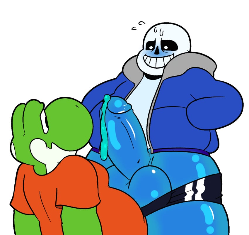 2023 2boys animated_skeleton anterior_nasal_aperture anthro balls big_balls big_penis bodily_fluids bone bottomwear clothed clothing colelucario color_edit colored crossover cum duo erection flying_sweatdrops gay genital_fluids genitals glans grin hi_res hoodie humanoid humanoid_genitalia humanoid_penis male male/male male_only mario_(series) monochrome nintendo partially_clothed penis sans shirt shorts shorts_down simple_background skeleton smile sweat sweatdrop teeth third-party_edit topwear undead undertale undertale_(series) video_games weird_crossover white_background yaoi yoshi yoshi_(character)