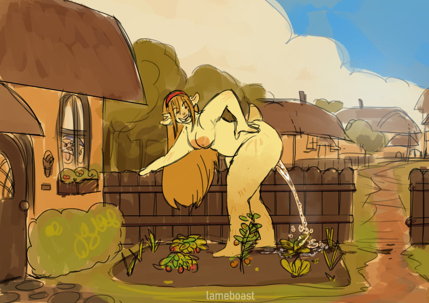 2025 accessory areola arm_support artist_name big_areola big_breasts blue_sky bodily_fluids breasts brown_hair building cloud cottage_(building) lameboast