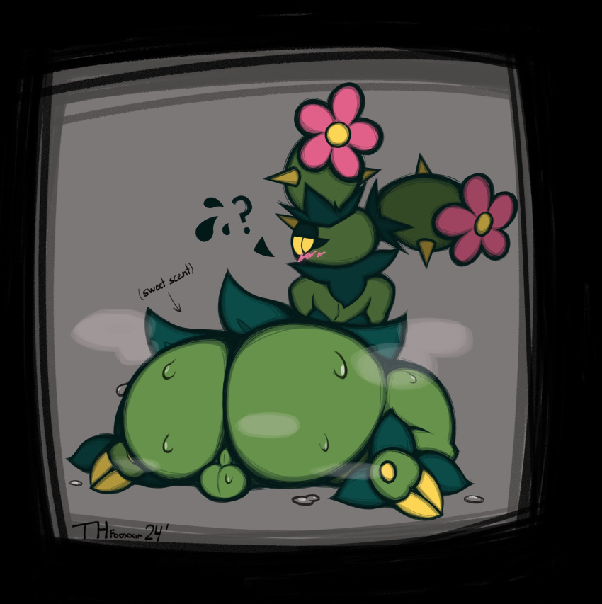 ass backsack balls big_balls big_butt blush bodily_fluids cactus cactus_creature cactus_humanoid elemental_creature elemental_humanoid femboy flora_fauna generation_5_pokemon genitals hi_res humanoid looking_back male maractus musk nintendo nude plant plant_humanoid pokemon pokemon_(species) question_mark solo sweat sweaty_butt thfooxxir
