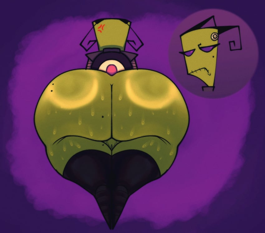 absurd_res alien antennae_(anatomy) ass big_butt black_boots black_clothing black_footwear bodily_fluids boots bottom_heavy bottomless clothed clothing cross-popping_vein eyelashes female footwear genitals green_body hi_res huge_butt humanoid invader_zim irken lazypunkarts low-angle_view markings mole_(marking) mole_on_butt mole_under_eye nickelodeon purple_background purple_clothing purple_eyes purple_topwear pussy rear_view shoes shoulder_pads simple_background solo sweat sweatdrop tak_(invader_zim) thick_thighs topwear wide_hips