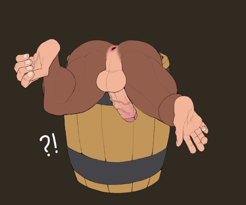 2025 anthro anus ape ass backsack balls barrel bent_legs big_balls big_butt big_penis boner brown_background container donkey_kong_(character) donkey_kong_(series) erection feet foreskin genitals glans gorilla hamstrings haplorhine hi_res humanoid_genitalia humanoid_penis in_container interrobang islate_(artist) male male_only mammal muscular muscular_anthro muscular_male nails nintendo nude penis perineum primate simple_background soles solo solo_male stuck thick_thighs uncircumcised unretracted_foreskin vein veiny_penis