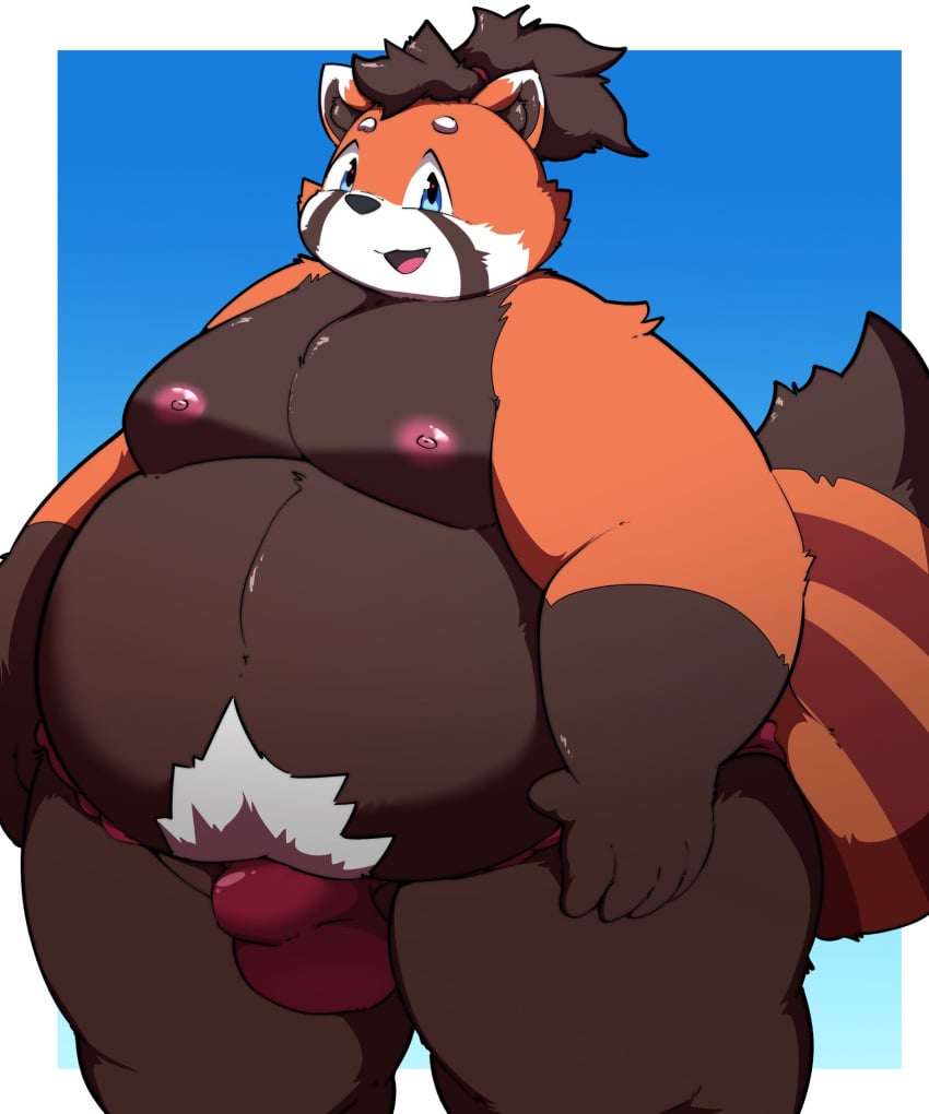 2025 ailurid anthro asian_clothing belly big_belly brown_body bulge clothing east_asian_clothing fundoshi hi_res japanese_clothing kemono kusosensei male mammal moobs nipples open_mouth orange_body overweight overweight_male red_clothing red_fundoshi red_panda red_underwear simple_background solo suruga_(tamacolle) tamacolle underwear