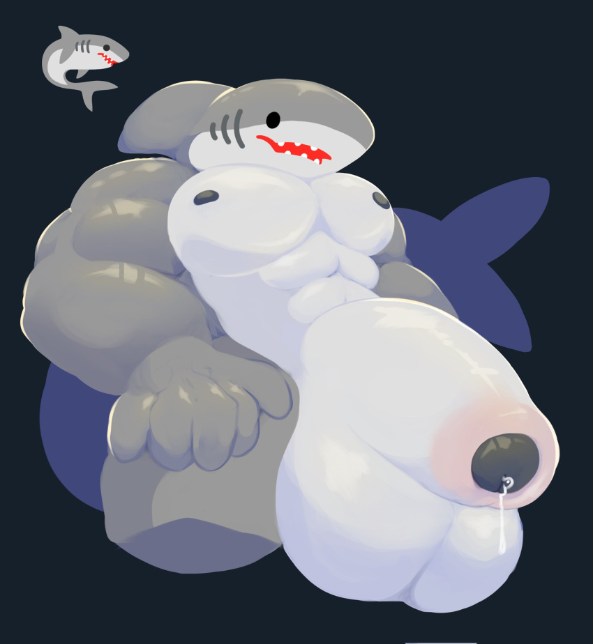 2023 5_fingers abs anthro balls big_balls big_pecs big_penis black_background black_eyes black_nipples bodily_fluids emoji empty_eyes english_description fingers fish flaccid foreskin genital_fluids genitals gills grey_body grey_skin hairless hand_on_leg hand_on_thigh hi_res huge_balls huge_cock leaking_precum living_emoji male marine multicolored_body multicolored_skin muscular muscular_anthro muscular_male nipples orokamonodebi partially_retracted_foreskin pecs penis precum retracted_foreskin shark shark_fin sharp_teeth simple_background solo teeth uncircumcised white_body white_skin