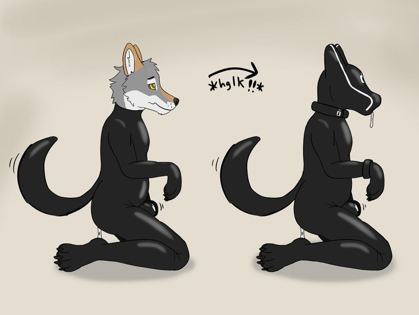anthro bodily_fluids canid canine canis clothing collar cum drooling faceless genital_fluids headgear headwear hood hybrid jinnjuicin latex latex_clothing latex_headwear latex_hood latex_skinsuit leaking_cum lock_bulge lock_symbol male mammal null_bulge saliva saliva_string skinsuit solo tight_clothing wolf wolfdog
