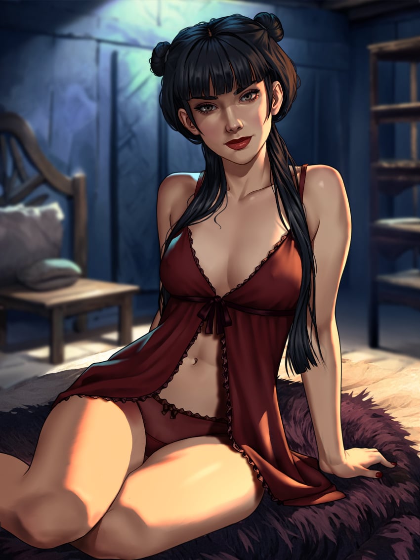 1girls absurd_res aged_up alternate_eye_color avatar_the_last_airbender bedroom black_hair breasts digital_media_(artwork) double_bun female head_tilt leaning_on_arm legs_together lingerie looking_at_viewer mai_(avatar) medium_breasts navel noblewoman panties pinup pinup_pose pose red_nail_polish sitting sitting_on_bed smile smooth_skin solo solo_female third-party_edit viiperart