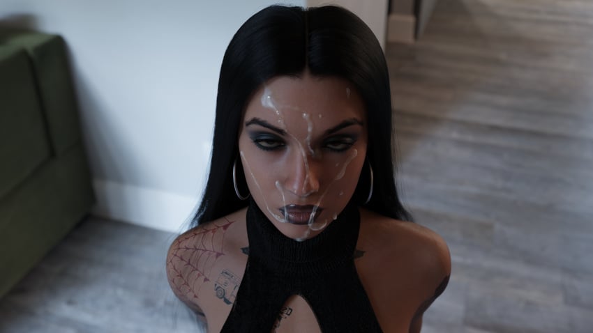alternate_hair_color alternate_hairstyle black_hair black_lipstick cum cum_on_face cumshot cyberpunk_2077 eyelashes eyeshadow facial goth judy_alvarez long_hair snowchild3d straight_hair studio_lights