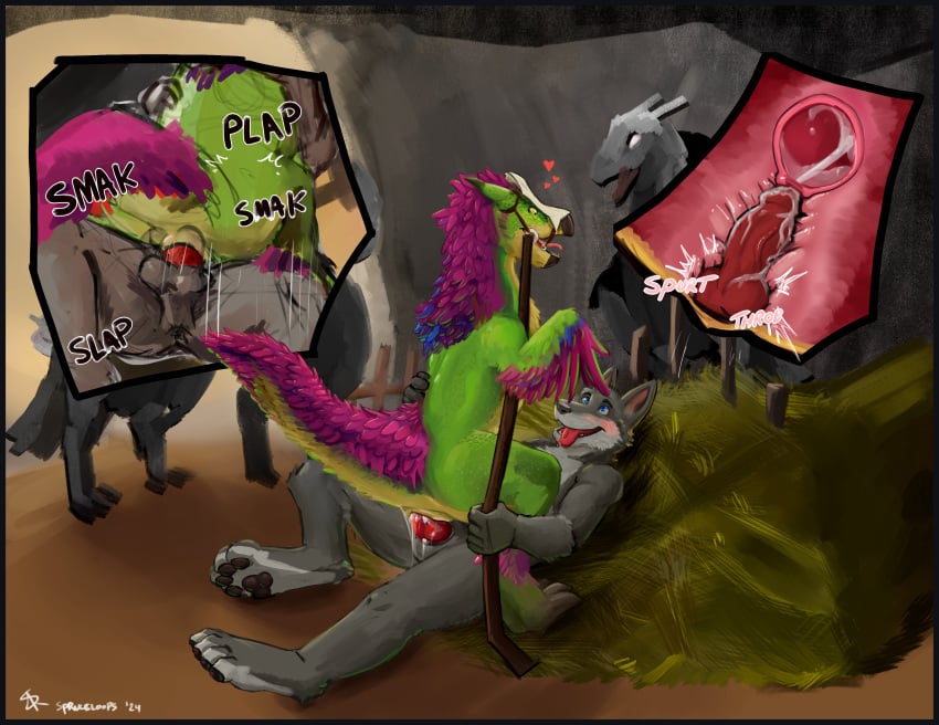 2024 4_toes 5_fingers absurd_res anthro anthro_on_feral anthro_penetrating anthro_penetrating_feral balls black_pawpads blue_eyes bodily_fluids canid canine canis capcom cervical_contact cowgirl_position cum cum_in_pussy cum_in_uterus cum_inside cutaway duo_focus erection feathers feet female female_feral female_penetrated feral feral_penetrated fingers from_front_position fur genital_fluids genitals green_body grey_body grey_fur group heart_symbol hi_res internal internal_vaginal knot knotting leash leash_pull male male/female male_anthro male_on_feral male_penetrating male_penetrating_female mammal monster_hunter motion_lines mount mount/rider_relations nude nude_anthro nude_male on_bottom on_top open_mouth pawpads paws penetration penile penile_penetration penis penis_in_pussy public seikret sex signature sound_effects spruceloops stable toes tongue tongue_out uterus vaginal_penetration wolf zoophilia