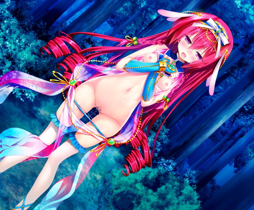 areolae blush braid breasts censored embarrassed female forest game_cg grass highres legs long_hair lots_of_jewelry mayoeru_futari_to_sekai_no_subete_love_heaven_300_percent mizunomiya_nana mosaic_censoring navel nipples open_mouth panty_pull purple_eyes pussy pussy_juice red_hair small_breasts solo standing tears thighs trees wet youta