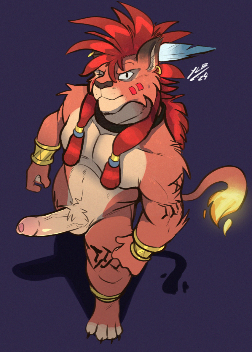 2024 anthro anthro_only arm_tattoo balls bird&#039;s-eye_view bracelet bsky_link canid canine digital_media_(artwork) ear_piercing ear_ring erection facial_markings final_fantasy final_fantasy_vii fire flaming_tail foreskin fur furaffinity_link furry furry_male furry_only genitals hair head_markings hi_res high-angle_view humanoid_genitalia humanoid_penis hybrid jewelry leg_tattoo looking_at_viewer male male_focus male_only mammal markings muscular muscular_male nanaki nude orange_fur penis piercing red_xiii ring_piercing simple_background solo solo_male square_enix tail tattoo uncircumcised unretracted_foreskin yellowluster