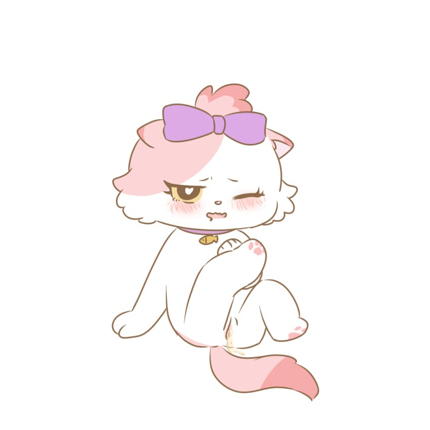 accessory berry_(love_for_my_cutie) blush bodily_fluids bow_ribbon cat_paws collar cum domestic_cat drooling felid feline felis female fur genital_fluids genitals hair_accessory hair_ribbon hairbow heart_pupils liln love_for_my_cutie mammal one_eye_closed paws pussy ribbons saliva vaginal_fluids white_body white_fur