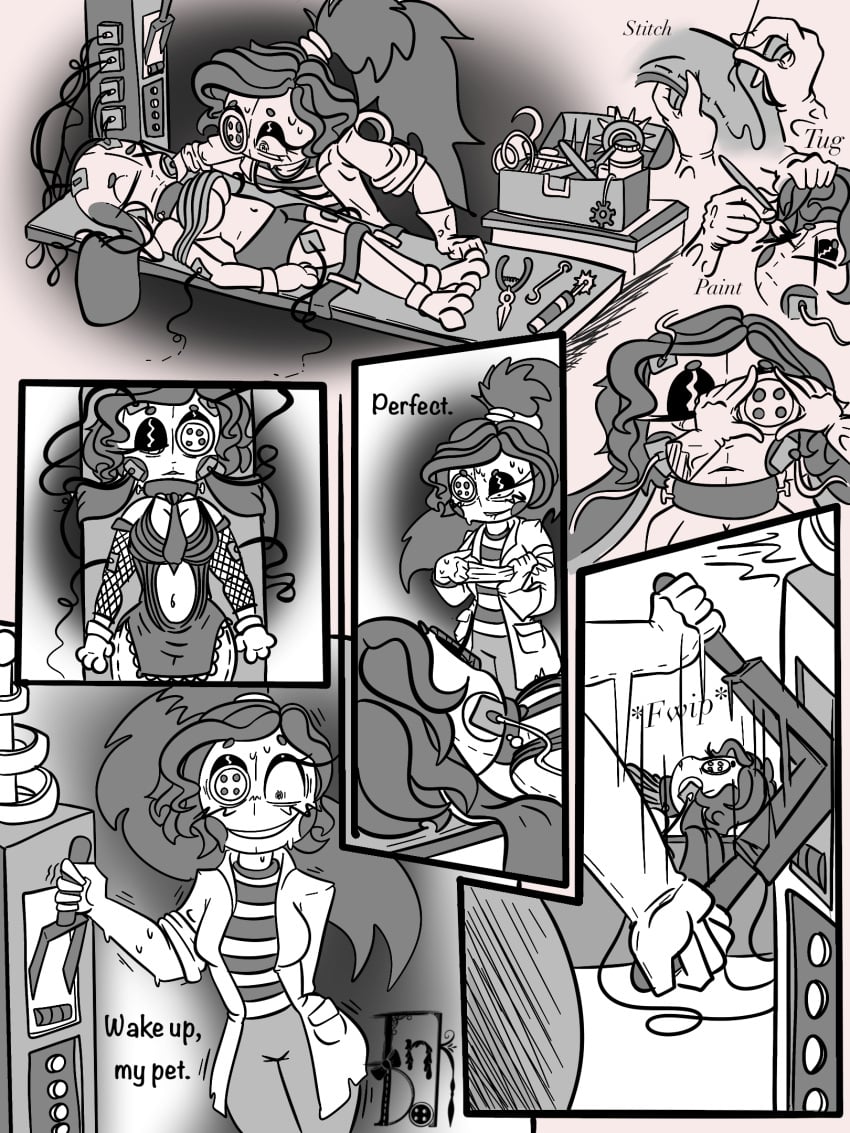 anthro bodily_fluids button_(fastener) button_eyes clothing coat comic corpse doll duo electrocution electrode electrostimulation english_text examination female female/female fishnet_clothing gloves handwear hi_res ink inkdoll lab_coat lagomorph leporid machine mammal patchwork_creature puppet rabbit reanimated robot scientist sweat text topwear undead