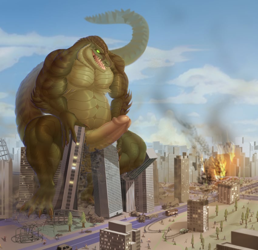 anthro balls biceps big_balls big_penis building carnak_(carpo) city city_destruction cityscape claws crocodile crocodilian destruction detailed_background erection feet finger_claws fingers genitals green_body helaviskrew hi_res house humanoid_genitalia humanoid_penis landscape_dwarfing macro male muscular muscular_anthro muscular_male nude open_mouth outside paws pecs penile penis pyronite(commissioner) rampage reptile scalie sky solo tail teeth toe_claws toes