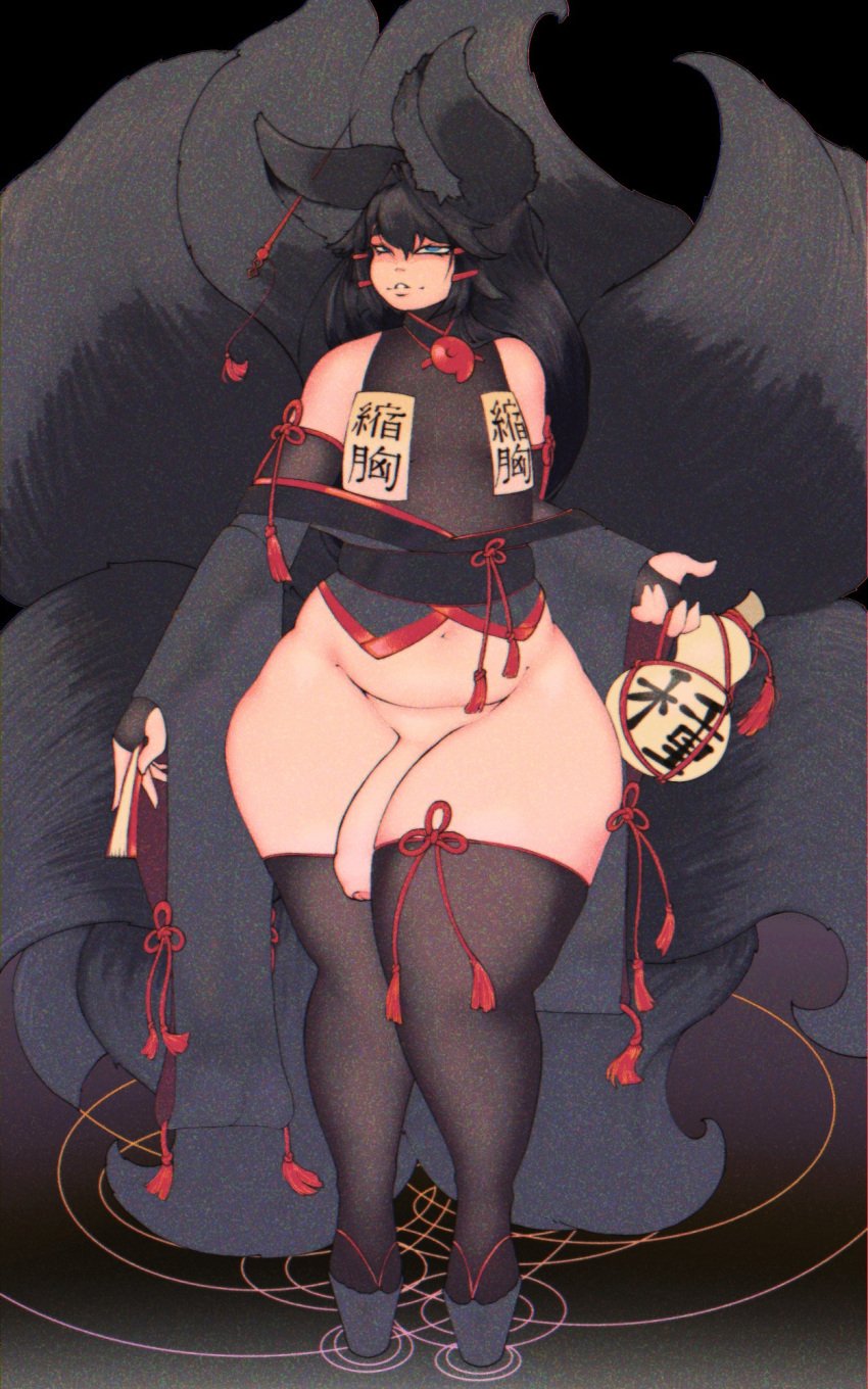 1futa 9_tails animal_ears black_hair blue_eyes channel_iv fan flaccid flaccid_penis flat_chest flat_chested foreskin fox_ears fox_tail futanari hammerspace hammerspace_breasts humanoid_penis intersex kemonomimi kimono kimono_open kiri_(sub-res) kitsune light-skinned_futa light-skinned_futanari light_skin ofuda ofuda_on_breast ofuda_on_nipples partially_retracted_foreskin penis retracted_foreskin sake sake_bottle see-through see-through_clothing smooth_penis spell_tag standing sub-res tails thick thick_legs thick_penis thick_thighs thighhighs uncircumcised uncut useless_clothing