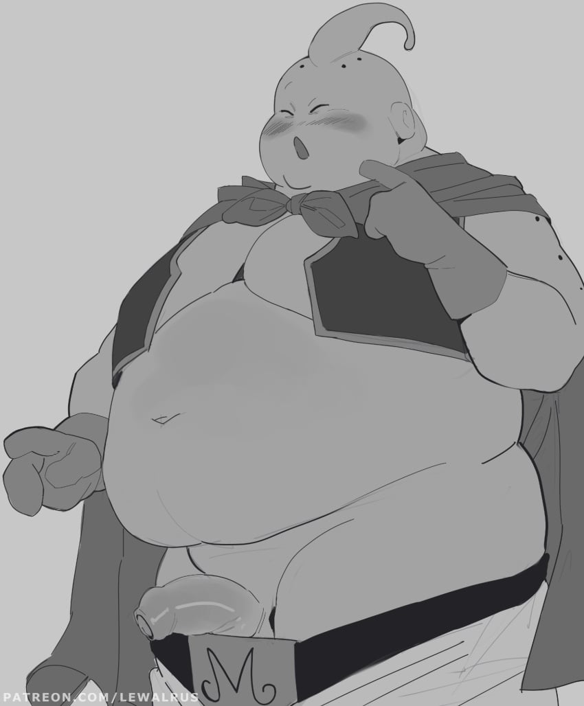 anthro balls belly blush bottomwear bottomwear_down cape clothed clothing dragon_ball dragon_ball_z erection fat_buu foreskin genitals gloves greyscale handwear hi_res lewalrus majin majin_buu male male_focus male_only monochrome navel overweight overweight_male pants pants_down partially_clothed penis solo solo_male uncircumcised
