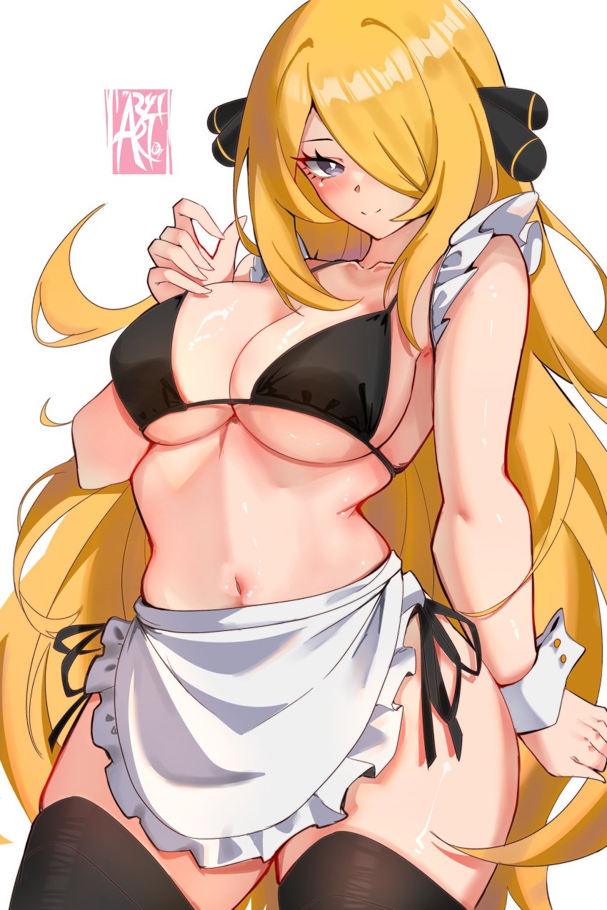 1girls absurdres alternate_breast_size apron aryi077 bikini black_bikini black_thighhighs blonde_hair breasts collarbone cowboy_shot cynthia_(pokemon) female grey_eyes hair_over_one_eye heart heart-shaped_pupils highres large_breasts long_hair maid maid_apron navel pokemon pokemon_dppt simple_background skindentation solo swimsuit symbol-shaped_pupils thighhighs white_background wrist_cuffs