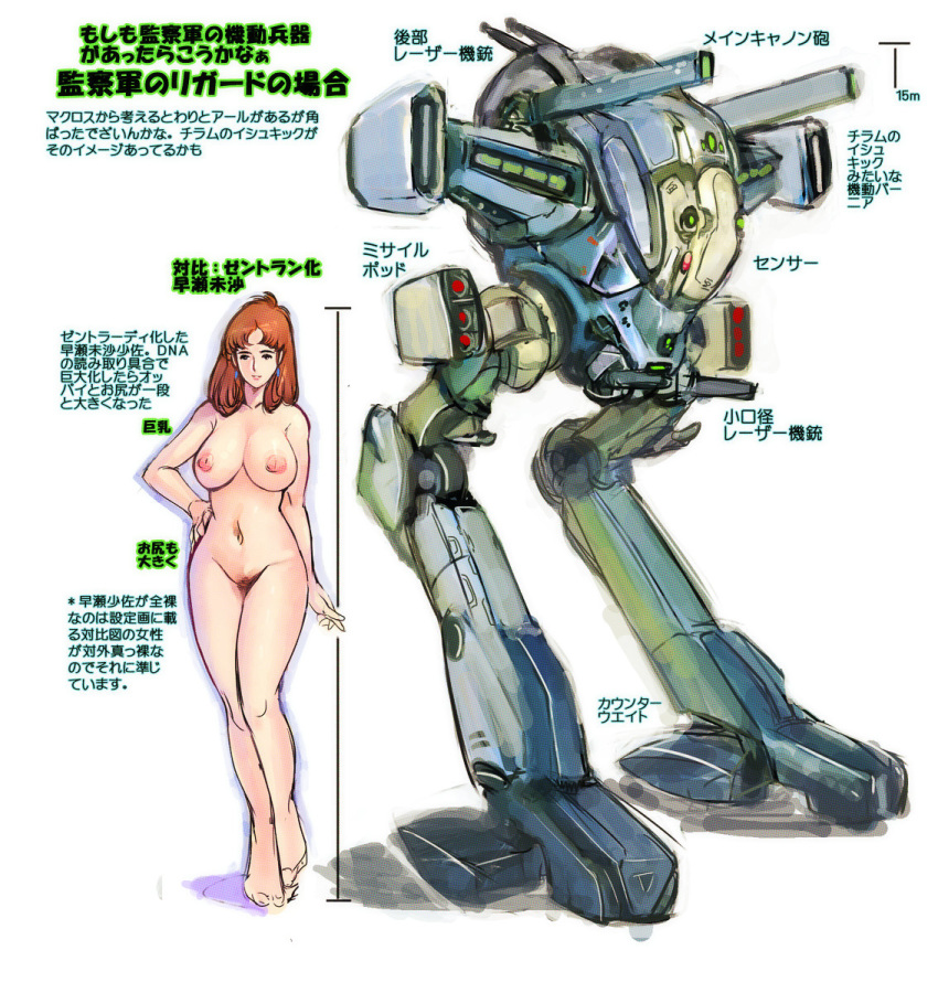 1girls 2012 breasts brown_hair curvaceous earrings female human japanese_text large_breasts light-skinned_female light_skin long_hair macross mecha misa_hayase navel nipples nude pubic_hair size_difference standing super_dimension_fortress_macross text translation_request ukatsu_juuzou wide_hips