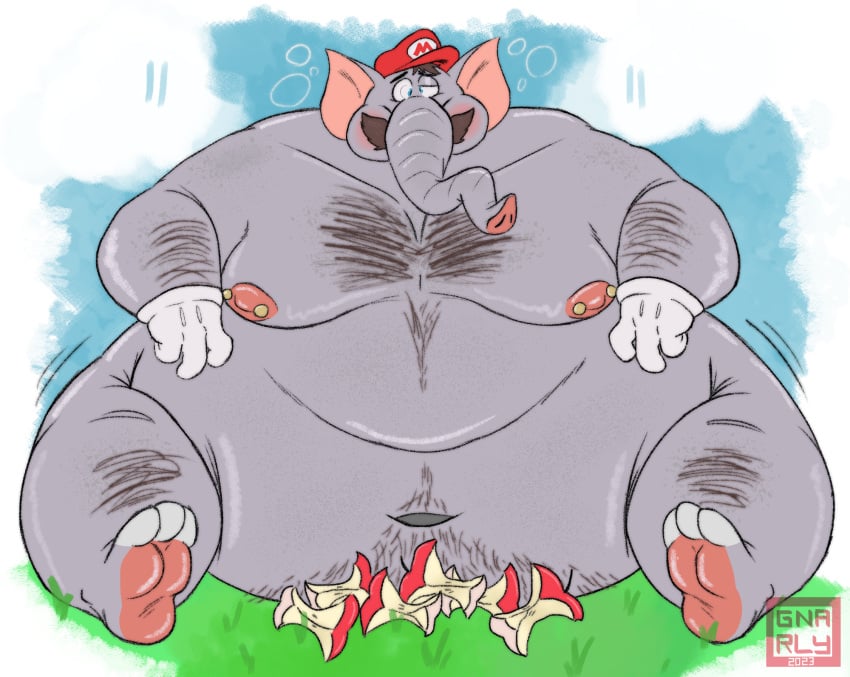 1boy anthro apple_core arm_hair belly belly_folds belly_hair big_belly body_hair chest_hair clothing deep_navel elephant elephant_fruit elephant_mario elephantid facial_hair fat fat_belly feet furry furry_male furry_only gloves gnarlybastard grey_body handwear hat headgear headwear hi_res huge_belly leg_hair male male_nipples male_only mammal mario mario_(series) morbidly_obese morbidly_obese_anthro morbidly_obese_male moustache navel nintendo nipple_piercing nipples obese obese_anthro obese_male overweight overweight_anthro overweight_male piercing proboscidean proboscis_(anatomy) simple_background solo super_mario_bros._wonder trunk_(anatomy)