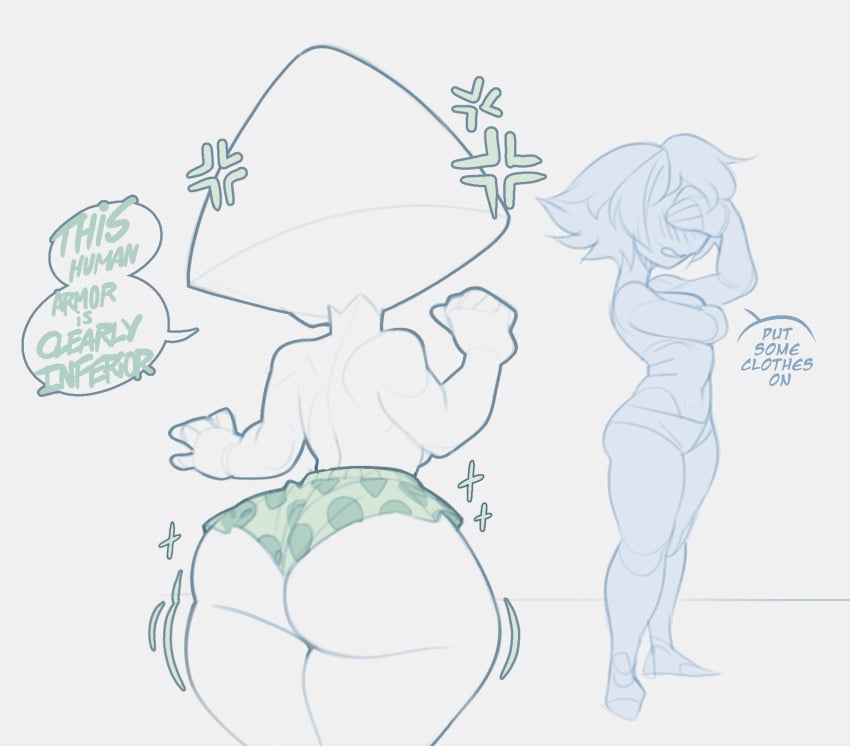 1girls alien alien_girl boxer_shorts boxers_(clothing) breasts clothing female female_only gem_(species) green_skin hand_on_hip imminent_rape lapis_lazuli_(steven_universe) male male_underwear nipples official_style open_mouth peridot_(steven_universe) pose shorts solo steven_universe tagme topless troppart underwear visor white_background yuri