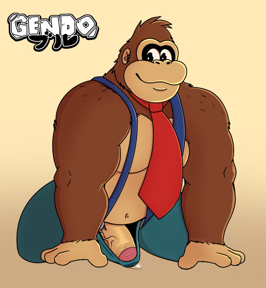 anthro ape belly bodily_fluids bottomwear brown_body clothing digital_media_(artwork) donkey_kong donkey_kong_(character) donkey_kong_(dkbananza) donkey_kong_(series) donkey_kong_bananza donkey_kong_in_overalls erection erection_under_clothing fur gendomx genital_fluids genitals gorilla haplorhine hi_res humanoid_genitalia humanoid_penis leaking_precum looking_at_viewer male mammal muscular muscular_anthro muscular_male necktie nintendo pants penis precum precum_through_clothing primate simple_background slightly_chubby slightly_chubby_anthro slightly_chubby_male smile solo suspenders tail vein veiny_penis wet wet_clothing
