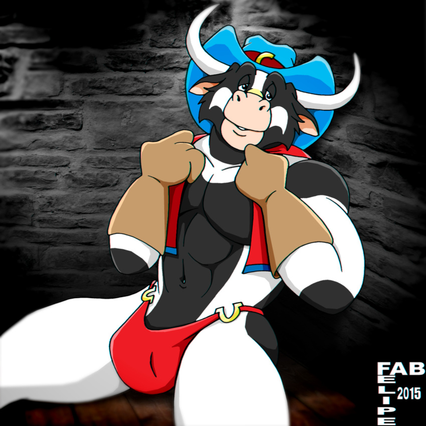 2015 2_horns anthro black_body black_fur blue_clothing blue_hat blue_headwear bovid bovine brown_clothing brown_gloves brown_handwear bulge cattle cheek_tuft clothed clothed_anthro clothed_male clothing cowboy_hat digital_drawing_(artwork) digital_media_(artwork) fabfelipe facial_tuft fur fur_tuft gloves handwear hat headgear headwear hi_res horn looking_at_viewer male mammal multicolored_body multicolored_fur narrowed_eyes navel open_clothing open_topwear open_vest red_clothing red_thong red_topwear red_underwear red_vest sitting solo the_cowlorado_kid thong topwear tuft underwear vest white_body white_fur white_horn wild_west_c.o.w.-boys_of_moo_mesa
