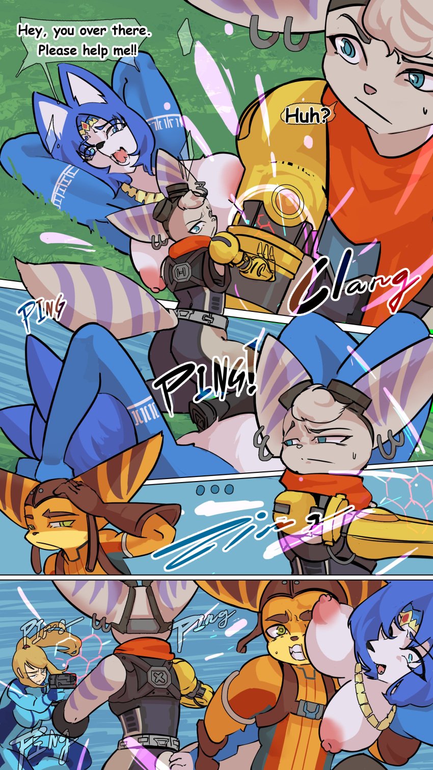 absurd_res action_pose action_scene anthro areola armor big_breasts blue_eyes bodily_fluids breasts canid canine comic crashing crossover damaged dialogue duo eastern_and_western_character english_text falling falling_on_ground female female/female fox green_eyes group gun hi_res human krystal krystal_(star_fox) lombax machine male mammal metroid multiple_scenes nintendo nipples nude nude_anthro pink_areola pink_nipples pokemon portal pose power_armor prosthetic prosthetic_arm prosthetic_limb ranged_weapon ratchet_(ratchet_and_clank) ratchet_and_clank rivet_(ratchet_and_clank) robotic_arm samus_aran sony_corporation sony_interactive_entertainment spacesuit speech_bubble star_fox striped_body stripes tears text weapon wuwutim