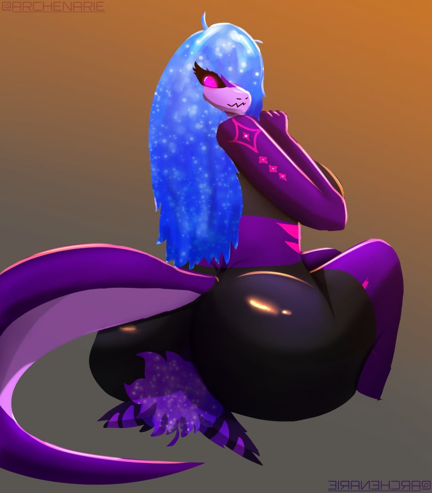 absurd_res anthro archenarie asterion_(archenarie) bottomwear clothing duo facesitting female fish hi_res male male/female marine nebulight_(archenarie) purple_body reptile scalie shark shorts sitting_on_another snake snake_girl