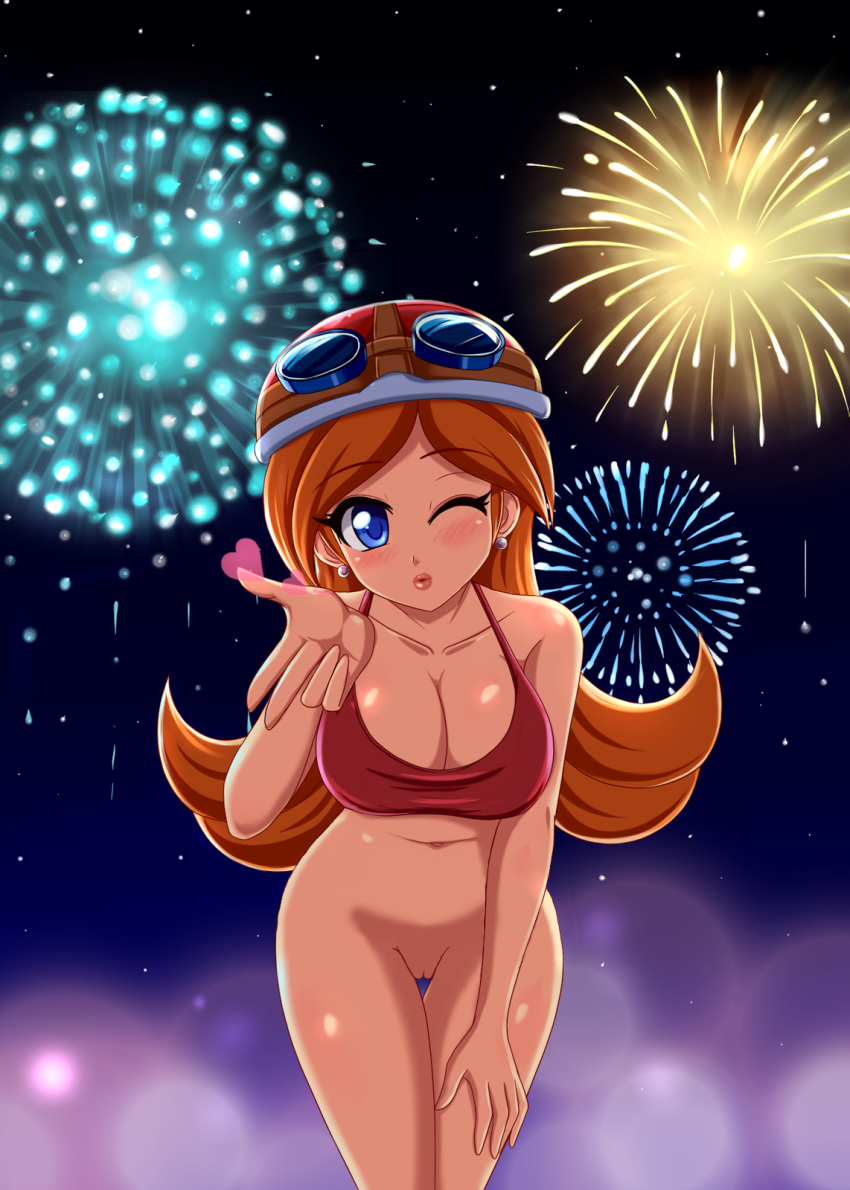 bottomless breasts fireworks large_breasts looking_at_viewer mario_(series) mona_(warioware) nintendo photoshop pussy sigurdhosenfeld uncensored warioware wink