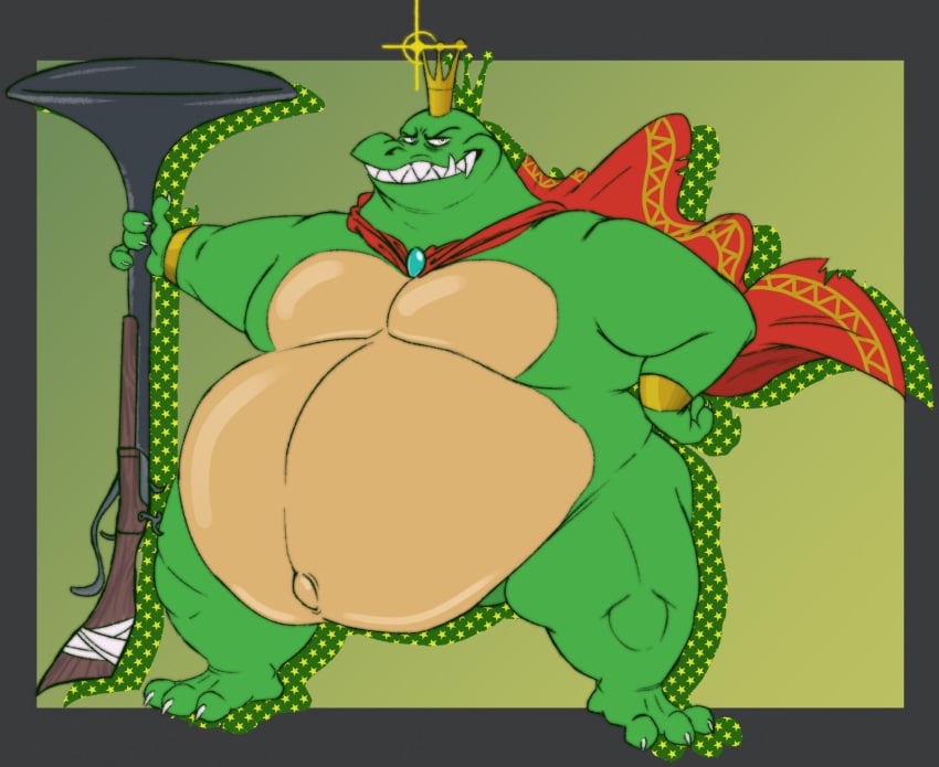 3_toes anthro armlet belly belly_overhang big_belly blunderbuss cape clothing countershading crocodilian crown donkey_kong_(series) feet gnarlybastard gold_armlet green_body green_scales headgear hi_res huge_belly k_rool kremling looking_at_viewer male moobs mostly_nude musclegut muscular navel nintendo obese obese_anthro obese_male outie_navel overweight overweight_anthro overweight_male reptile scales scalie sharp_teeth solo teeth thick_thighs toes