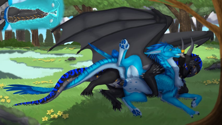 2_horns 4_toes 5_fingers anatomically_correct animal_genitalia arm_spikes big_wings black_body black_claws black_horn black_penis black_tail black_wings blue_body blue_fur blue_genital_slit blue_inner_pussy blue_insides blue_markings blue_nipples blue_pawpads blue_paws blue_pussy blue_tail blue_tail_feathers blue_tongue bodily_fluids by_the_water cervical_contact claws cum cum_in_pussy cum_in_uterus cum_inside cutaway dragon duo fallopian_tubes feathered_dragon feathered_scalie feathered_tail feathers feet female female_feral female_penetrated feral feral_on_feral fingerless_(marking) fingers from_behind_position fur genital_fluids genital_slit genitals grey_body head_spikes hi_res horn horn_jewelry horn_ring hot_breath internal internal_vaginal jewelry knot knotted_penis knotting leg_spikes licking male male/female male_feral male_penetrating male_penetrating_female markings monotone_body multi_nipple multicolored_body mythological_creature mythological_scalie mythology nipples noelani_(silipinfox1298) one_leg_up ovaries pawpads paws penetration penile penile_penetration penis penis_in_pussy pussy raised_leg ridged_penis ring_(jewelry) rogon_usaryis scaled_dragon scalie sex silipinfox1298 spikes spikes_(anatomy) spoon_position spread_legs spreading tail toeless_(marking) toes tongue uterus vaginal_penetration vaginal_penetration wings yellow_eyes
