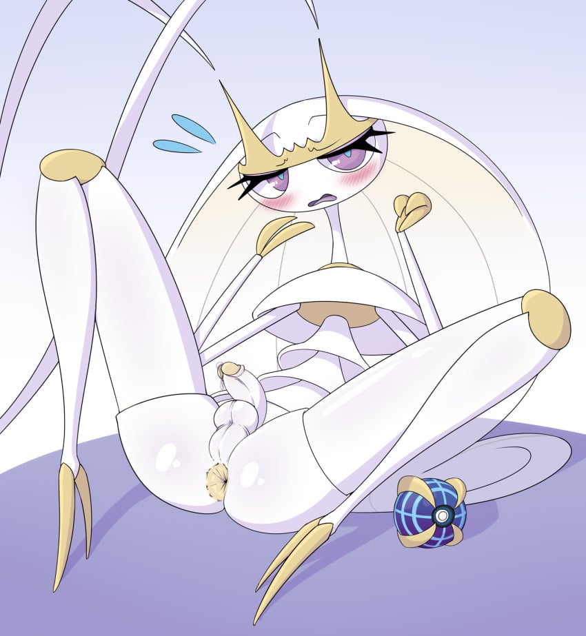 2_fingers antennae_(anatomy) anus ass balls beast_ball blue_pupils blush bodily_fluids crown eyelashes femboy fingers generation_7_pokemon genitals hair headgear hi_res humanoid_genitalia humanoid_penis long_hair lying male male_only nintendo on_back open_mouth penis pheromosa pokeball pokemon pokemon_(species) pseudo_clothing pupils purple_eyes sweat sweatdrop tiara ultra_beast venela white_body white_hair white_skin