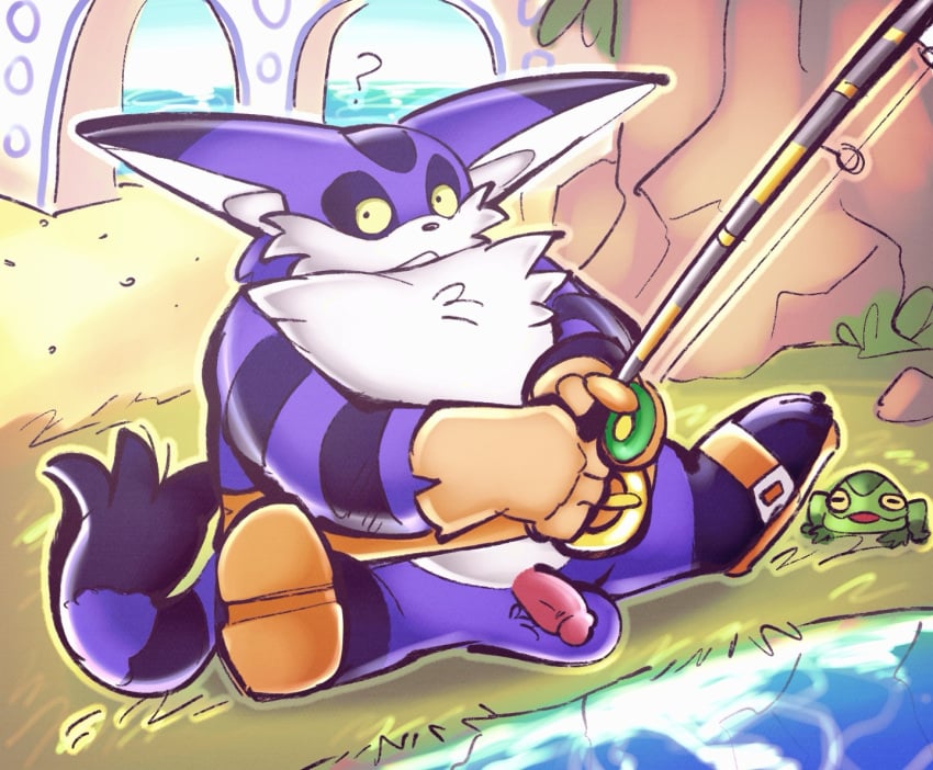 amphibian anthro balls belt big_balls big_the_cat chest_tuft clothing detailed_background domestic_cat felid feline felis feral fishing_rod flaccid footwear frog froggy_(sonic) genitals gloves grass handwear looking_at_viewer male male_only mammal obese obese_anthro obese_male overweight overweight_anthro overweight_male penis plant pond question_mark salamikii sega shoes sitting small_penis solo sonic_(series) sonic_the_hedgehog_(series) tuft