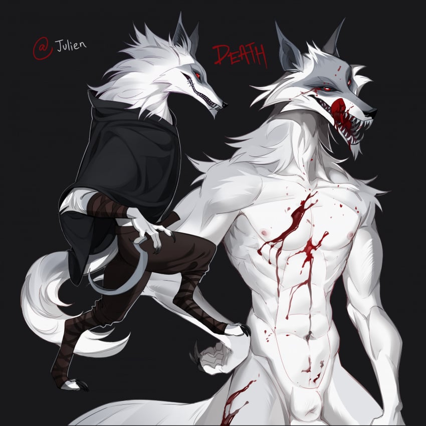 abs animal_genitalia anthro arm_tuft arm_wrapping arm_wraps athletic balls barely_visible_balls barely_visible_genitalia black_background blood blood_drip blood_in_mouth blood_on_body blood_on_chest blood_on_face blood_on_leg blood_on_tongue bodily_fluids bottomwear canid canine canis casual_nudity cheek_tuft chin_tuft claws cloak clothed clothing death_(puss_in_boots) digital_media_(artwork) digitigrade dreamworks dreamworks_animation dripping elbow_tuft facial_markings facial_tuft fangs fluffy fluffy_tail fully_clothed fully_sheathed fur fuzzy genitals grin hand_on_hip head_markings head_tuft hi_res licking licking_blood licking_lips licking_own_lips looking_at_viewer male mammal markings mask_(marking) multiple_images narrowed_eyes navel neck_tuft nipples nude open_mouth open_smile pants poncho pupils puss_in_boots:_the_last_wish puss_in_boots_(dreamworks) puss_in_boots_(film) puss_in_boots_(franchise) puss_in_boots_the_last_wish raised_leg red_eyes sheath shoulder_tuft shrek_(series) sickle side_view signature simple_background slim smile solo standing sweet_julien tail teeth text tongue tongue_out tuft universal_pictures universal_studios white_body white_fur white_pupils wolf wrapped_arms wraps