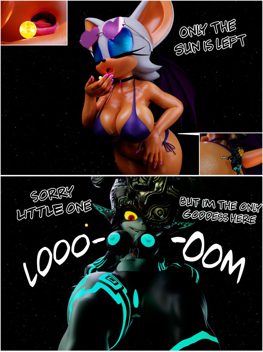 3d 3d_model absurd_res anthro bat big_breasts bikini biped bodily_fluids breasts clothing colored_nails comic digital_media_(artwork) duo english_text eyewear eyewear_on_head female female/female female_anthro green_eyes hi_res humanoid keynor low-angle_view macro macro_anthro macro_female mammal micro midna mobian mobian_(species) mobian_bat nails nintendo nottanj object_vore open_mouth rouge_the_bat rouge_the_bat_(nottanj) sega size_difference sonic_(series) sonic_adventure_2 sonic_the_hedgehog_(series) sun sunglasses swimwear terra_macro text the_legend_of_zelda twili twilight_princess two-piece_swimsuit vore