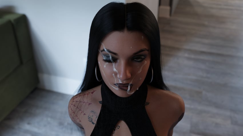4k alternate_hair_color alternate_hairstyle black_hair black_lipstick cum cum_on_face cumshot cyberpunk_2077 eyelashes eyeshadow facial goth judy_alvarez long_hair snowchild3d straight_hair studio_lights submissive