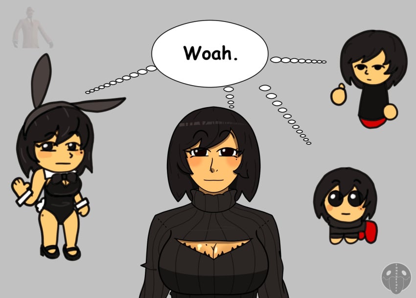 1girls artist_request ava_(gazoogaloo) black_bra black_eyes black_hair black_sweater black_turtleneck black_turtleneck_sweater blush bra bra_peek breasts bunny_ears bunnysuit cleavage cleavage_cutout english_text female gray_background grey_background large_breasts looking_at_viewer mii mole mole_on_ass mole_on_breast mole_under_eye nintendo oc playboy_bunny red_pants short_hair simple_background solo spy_(team_fortress_2) sweater thought_bubble turtleneck turtleneck_sweater